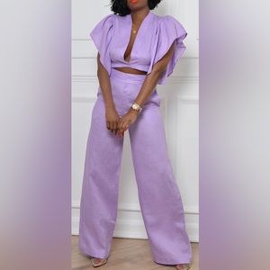 New with Tags! V-Neck Linen Ruffle Sleeves Pant Set, Lavender, Size Small